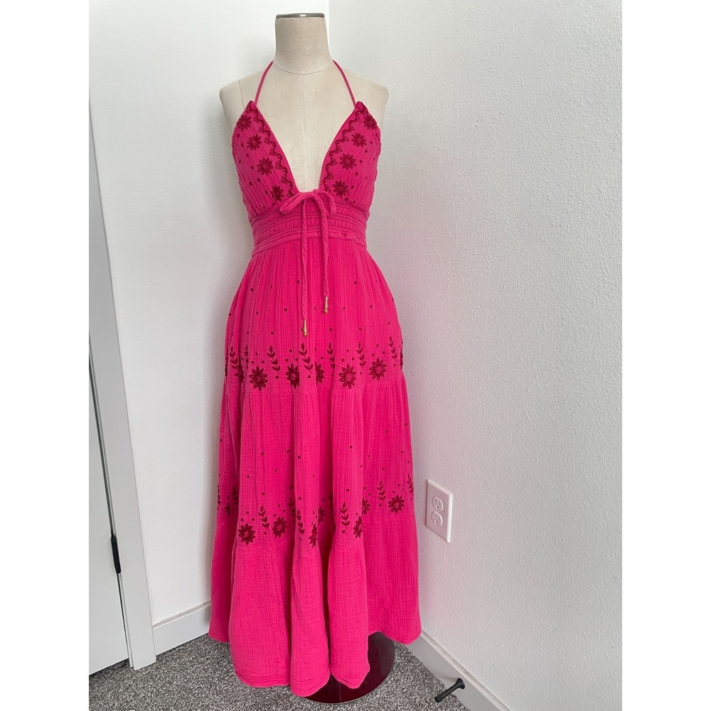 Free People Real Love Maxi Dress Women L Moxie Pink Halter Neck Gauze Vacation